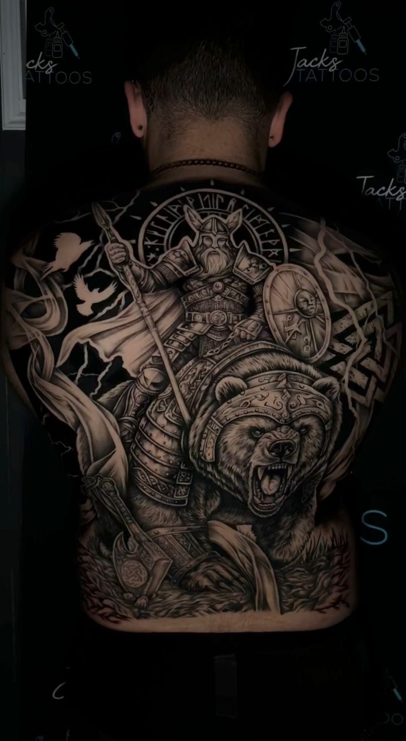 Black and grey Viking warrior and bear full back tattoo