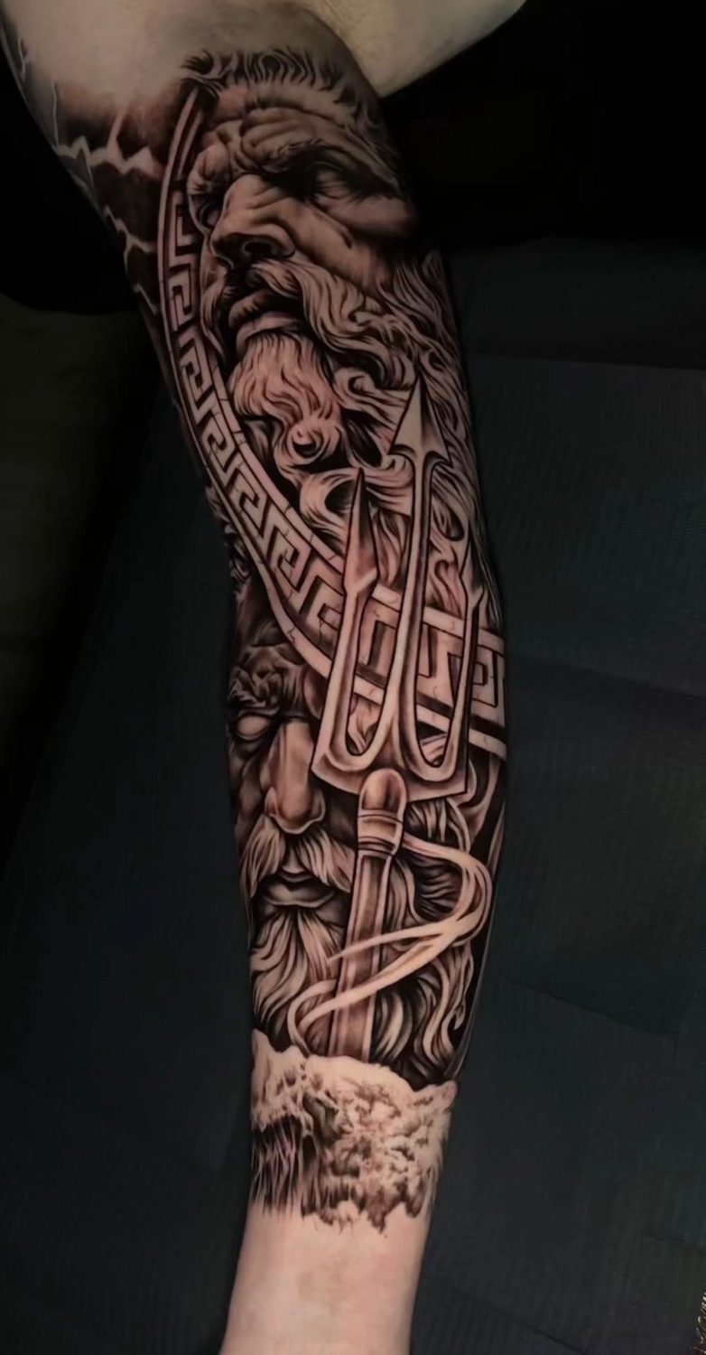 Black and grey Zeus and Poseidon Greek mythology arm sleeve tattoo