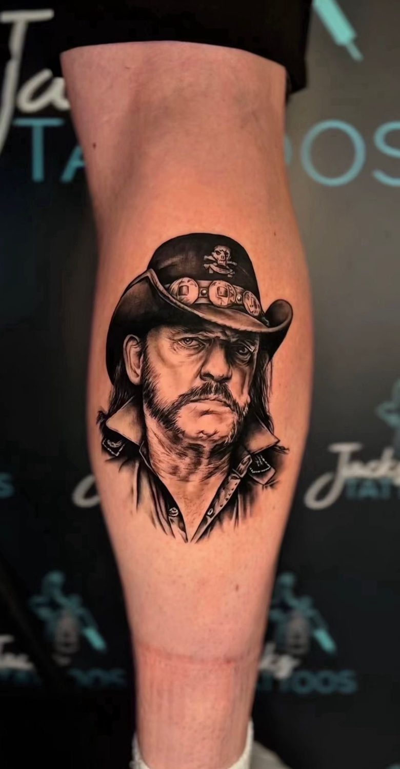 Black and grey Lemmy portrait realism tattoo