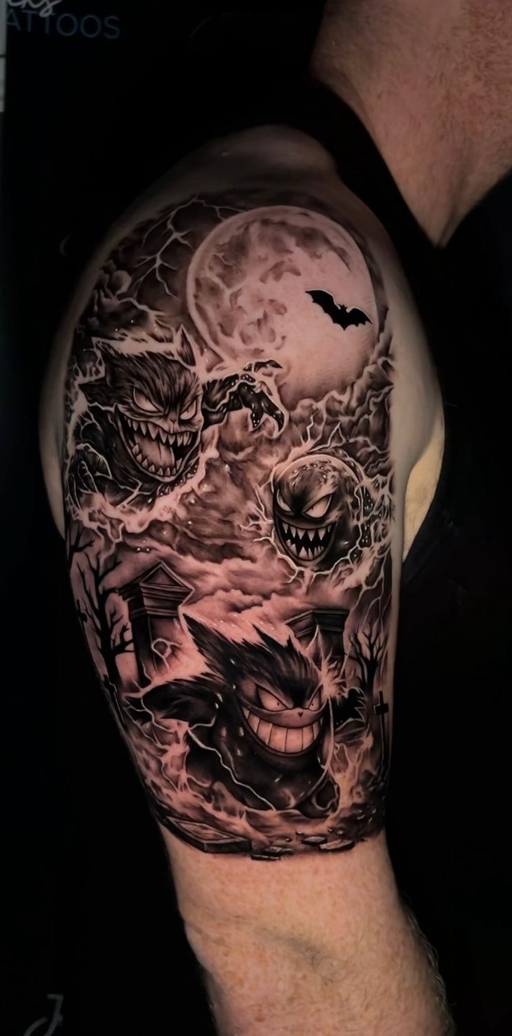 Black and grey Gengar Pokemon Halloween sleeve tattoo